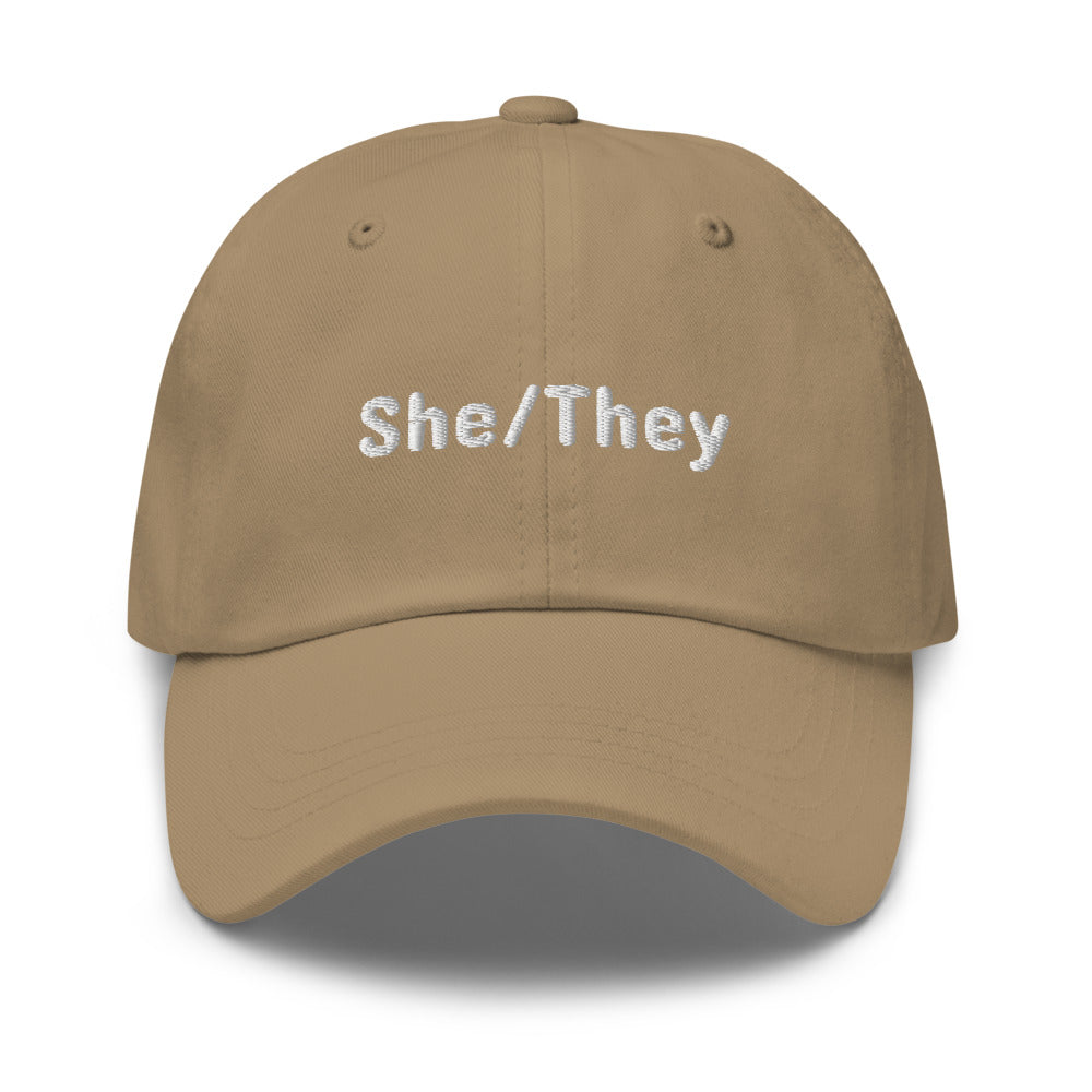 She/They Pronoun Hat Khaki | Polycute LGBTQ+ & Polyamory Gifts