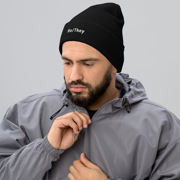 He/They Pronoun Cuffed Beanie | Polycute LGBTQ+ & Polyamory Gifts