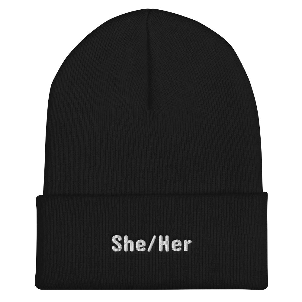 She/Her Pronoun Cuffed Beanie Black | Polycute LGBTQ+ & Polyamory Gifts