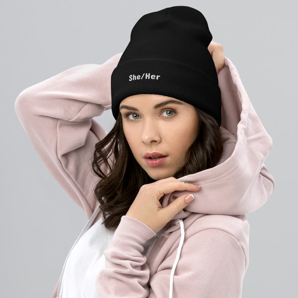 She/Her Pronoun Cuffed Beanie | Polycute LGBTQ+ & Polyamory Gifts