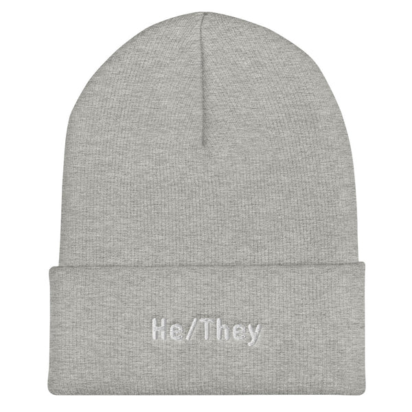 He/They Pronoun Cuffed Beanie Heather Grey | Polycute LGBTQ+ & Polyamory Gifts