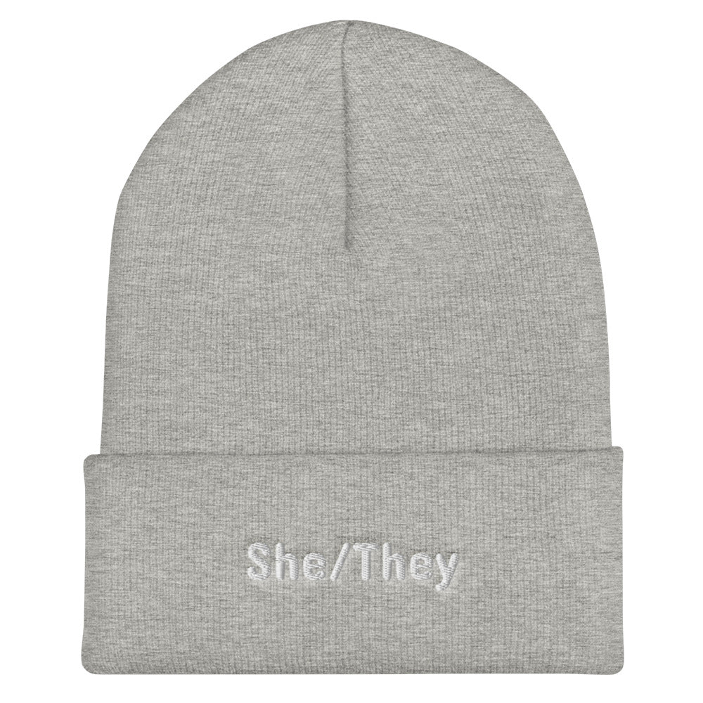 She/They Pronoun Cuffed Beanie Heather Grey | Polycute LGBTQ+ & Polyamory Gifts
