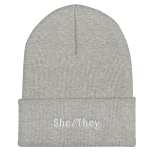 She/They Pronoun Cuffed Beanie Heather Grey | Polycute LGBTQ+ & Polyamory Gifts