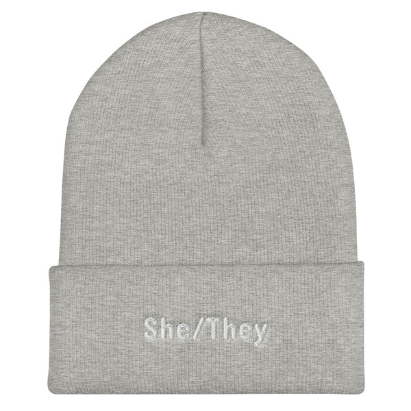 She/They Pronoun Cuffed Beanie Heather Grey | Polycute LGBTQ+ & Polyamory Gifts