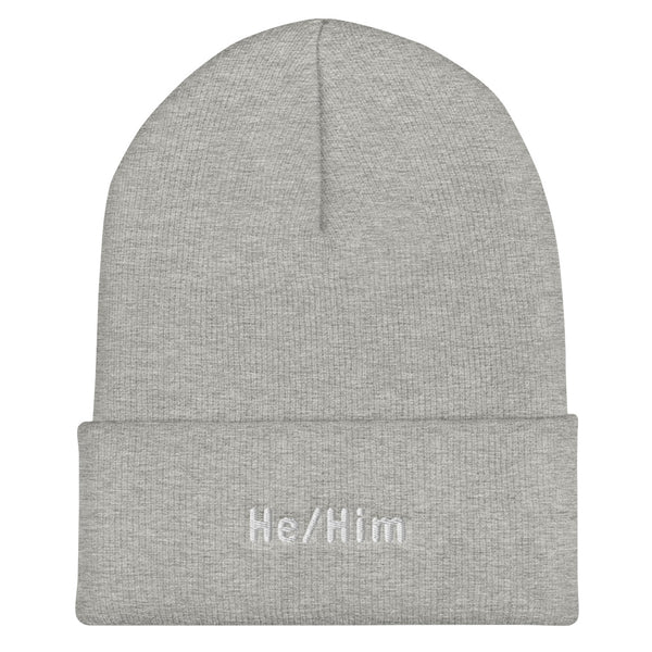 He/Him Pronoun Cuffed Beanie Heather Grey | Polycute LGBTQ+ & Polyamory Gifts