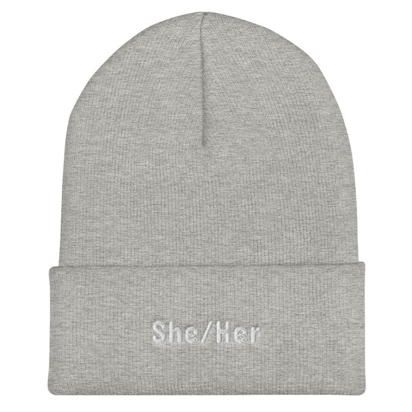 She/Her Pronoun Cuffed Beanie Heather Grey | Polycute LGBTQ+ & Polyamory Gifts