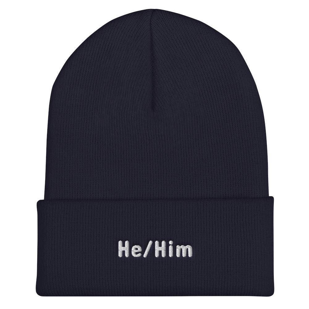 He/Him Pronoun Cuffed Beanie Navy | Polycute LGBTQ+ & Polyamory Gifts