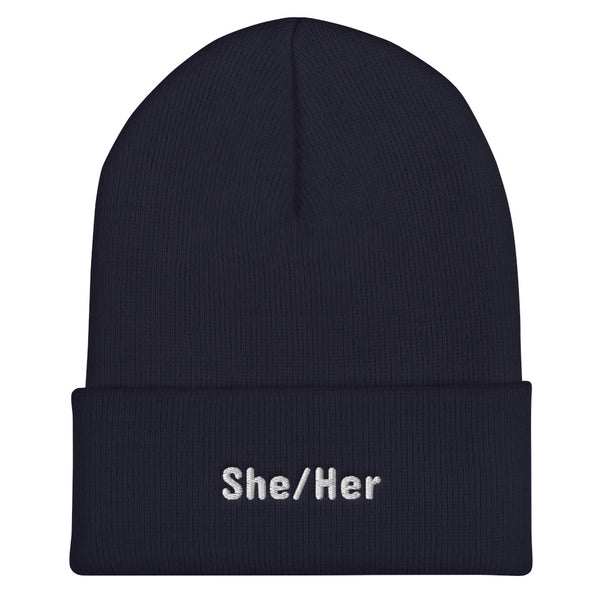 She/Her Pronoun Cuffed Beanie Navy | Polycute LGBTQ+ & Polyamory Gifts