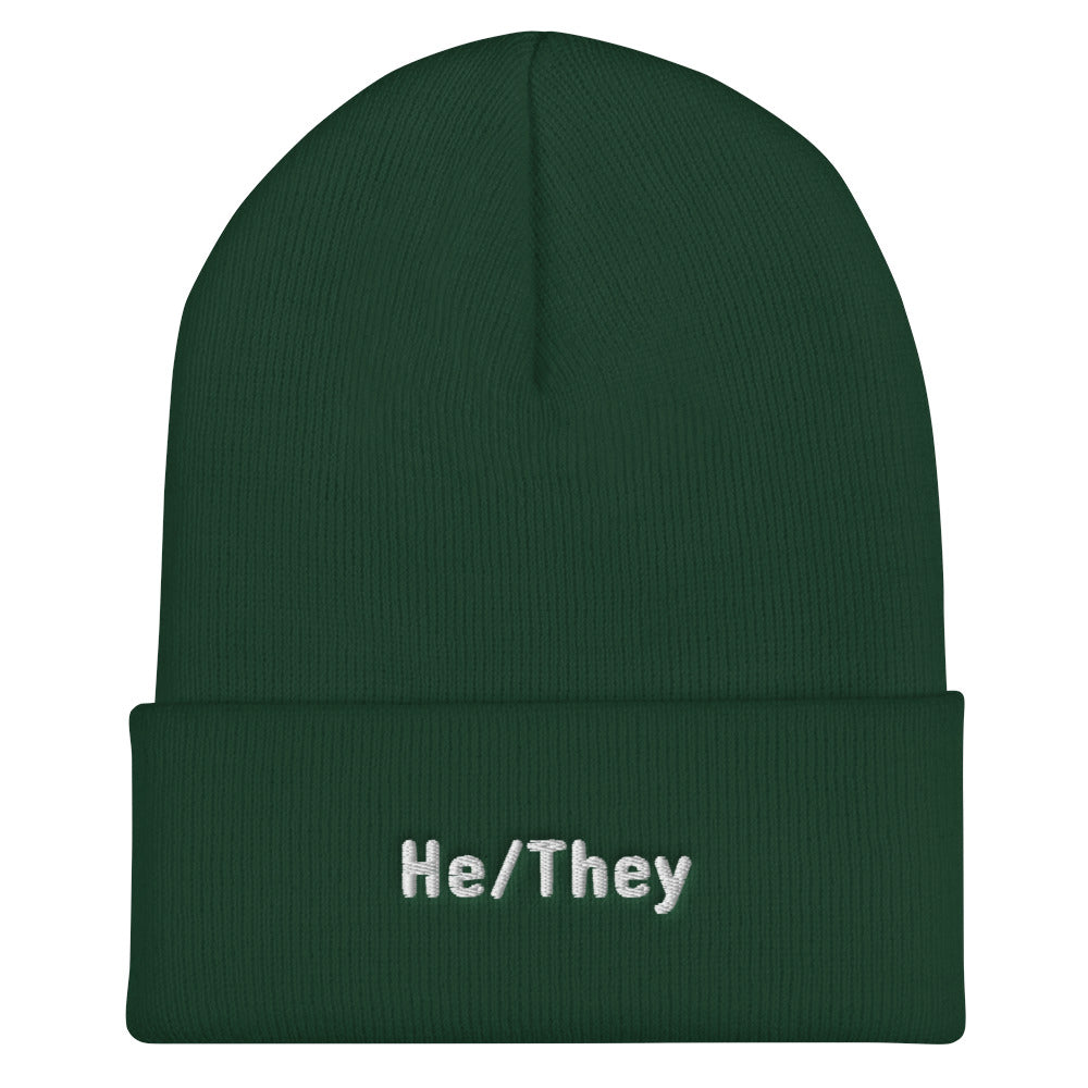 He/They Pronoun Cuffed Beanie Spruce | Polycute LGBTQ+ & Polyamory Gifts