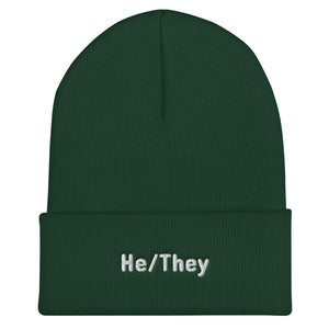He/They Pronoun Cuffed Beanie Spruce | Polycute LGBTQ+ & Polyamory Gifts