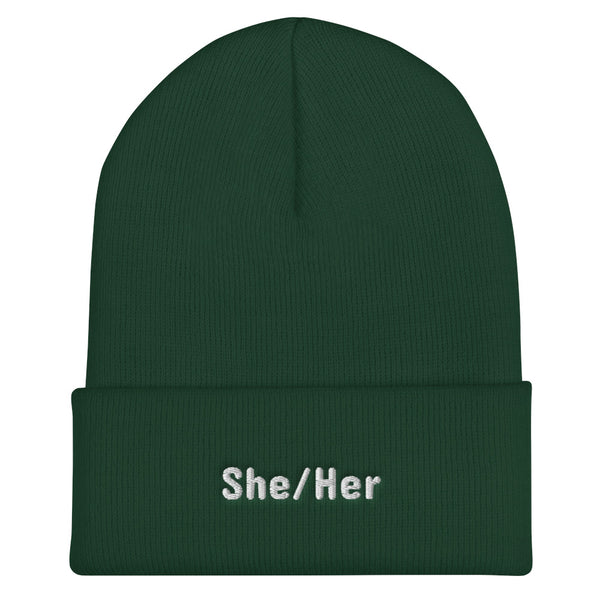 She/Her Pronoun Cuffed Beanie Spruce | Polycute LGBTQ+ & Polyamory Gifts