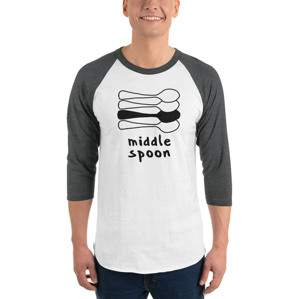 Middle Spoon 1 Quad Raglan Tee White/Heather Charcoal | Polycute LGBTQ+ & Polyamory Gifts
