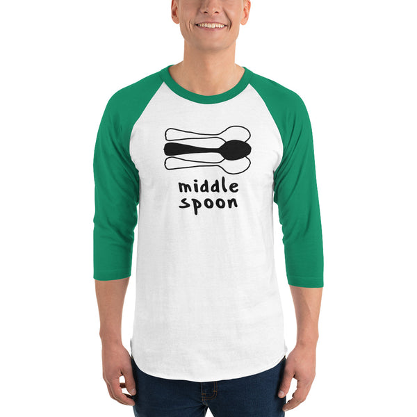 Middle Spoon Triad Raglan Tee White/Kelly | Polycute LGBTQ+ & Polyamory Gifts
