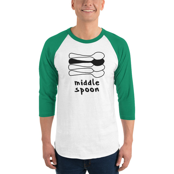 Middle Spoon 2 Quad Raglan Tee White/Kelly | Polycute LGBTQ+ & Polyamory Gifts
