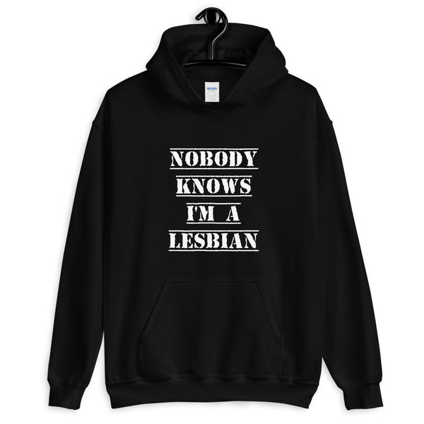 Nobody Knows I'm a Lesbian Hoodie Black | Polycute LGBTQ+ and Polyamory Gifts
