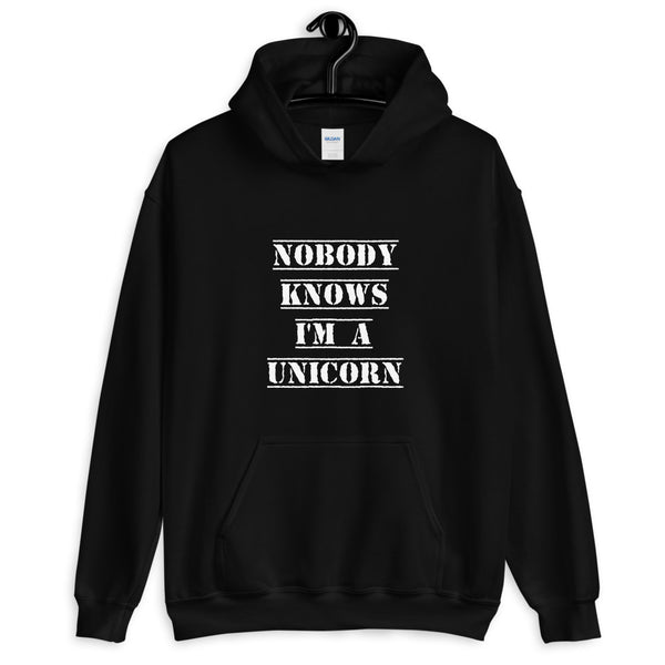 Nobody Knows I'm a Unicorn Hoodie Black | Polycute LGBTQ+ and Polyamory Gifts