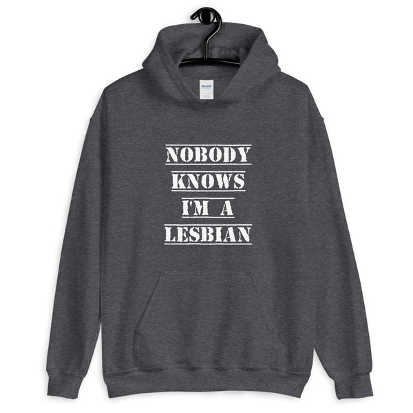 Nobody Knows I'm a Lesbian Hoodie Dark Heather | Polycute LGBTQ+ and Polyamory Gifts