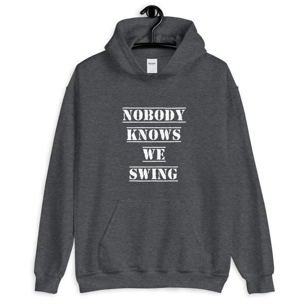 Nobody Knows We Swing Hoodie Dark Heather | Polycute LGBTQ+ and Polyamory Gifts