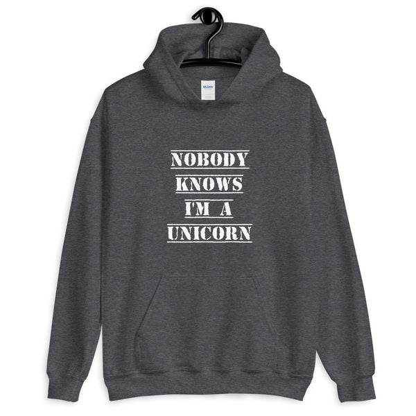 Nobody Knows I'm a Unicorn Hoodie Dark Heather | Polycute LGBTQ+ and Polyamory Gifts
