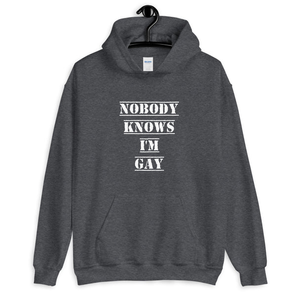 Nobody Knows I'm Gay Hoodie Dark Heather | Polycute LGBTQ+ and Polyamory Gifts