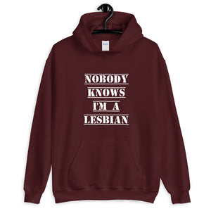 Nobody Knows I'm a Lesbian Hoodie Maroon | Polycute LGBTQ+ and Polyamory Gifts