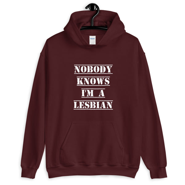 Nobody Knows I'm a Lesbian Hoodie Maroon | Polycute LGBTQ+ and Polyamory Gifts