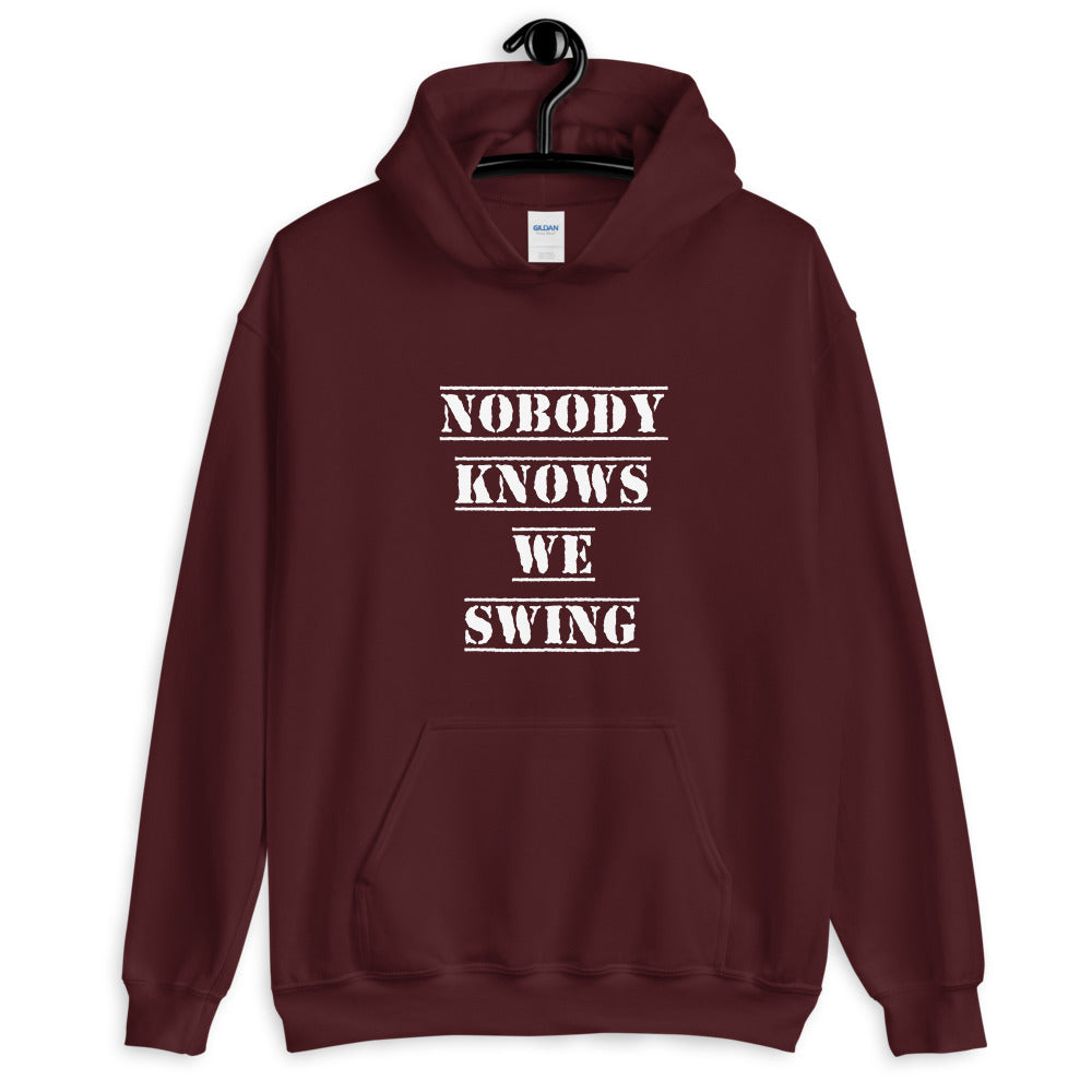 Nobody Knows We Swing Hoodie Maroon | Polycute LGBTQ+ and Polyamory Gifts