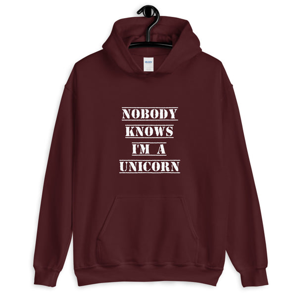 Nobody Knows I'm a Unicorn Hoodie Maroon | Polycute LGBTQ+ and Polyamory Gifts
