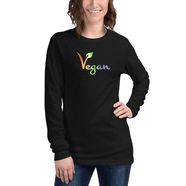 Vegan Pride Long Sleeve Tee Black Heather | Polycute LGBTQ+ & Polyamory Gifts