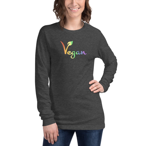 Vegan Pride Long Sleeve Tee Dark Grey Heather | Polycute LGBTQ+ & Polyamory Gifts
