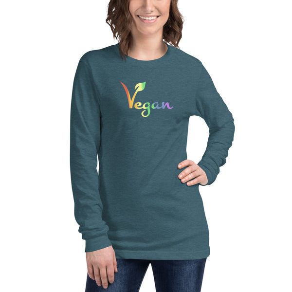 Vegan Pride Long Sleeve Tee Heather Deep Teal | Polycute LGBTQ+ & Polyamory Gifts
