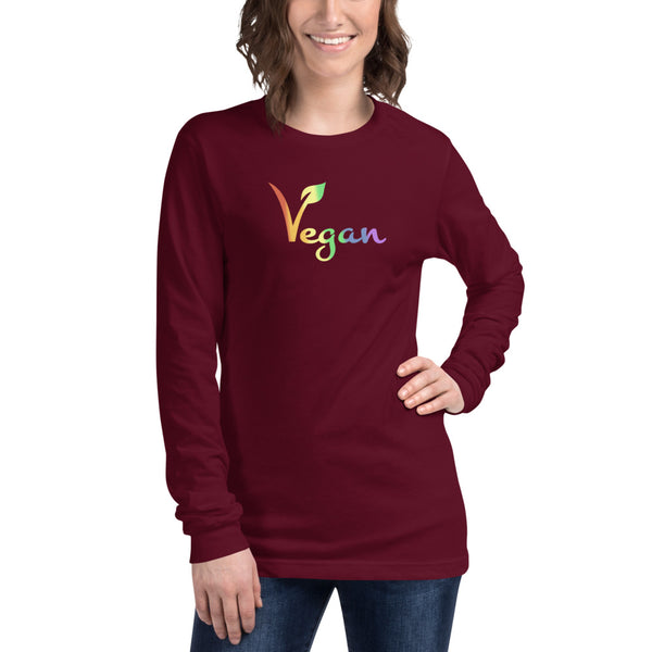 Vegan Pride Long Sleeve Tee Maroon | Polycute LGBTQ+ & Polyamory Gifts