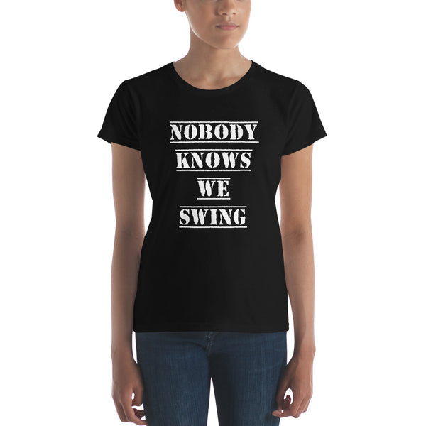 Nobody Knows We Swing Tee, Fitted Black | Polycute Gift Shop