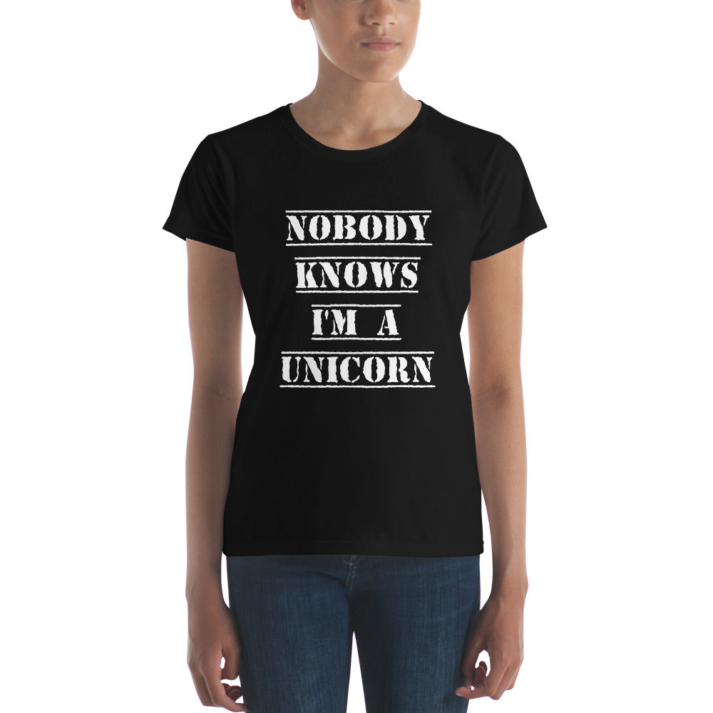 Nobody Knows I'm a Unicorn Tee, Fitted Black | Polycute Gift Shop