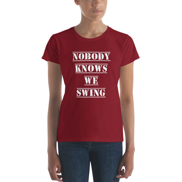 Nobody Knows We Swing Tee, Fitted Independence Red | Polycute Gift Shop