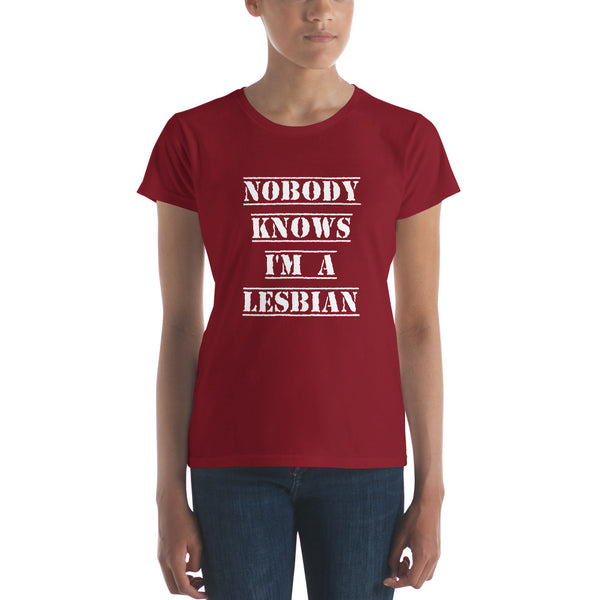 Nobody Knows I'm a Lesbian Tee, Fitted Independence Red | Polycute Gift Shop