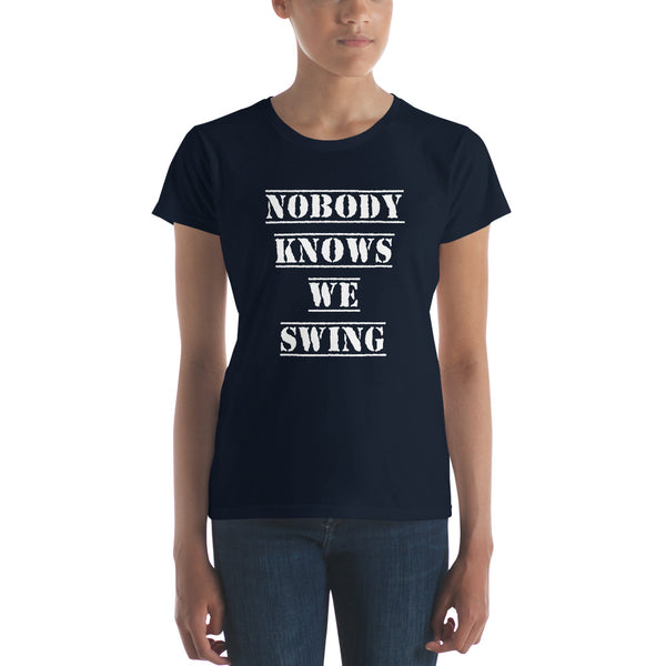 Nobody Knows We Swing Tee, Fitted Navy | Polycute Gift Shop