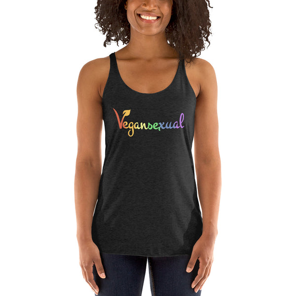 Vegansexual Racerback Yoga Tank Vintage Black | Polycute LGBTQ+ & Polyamory Gifts